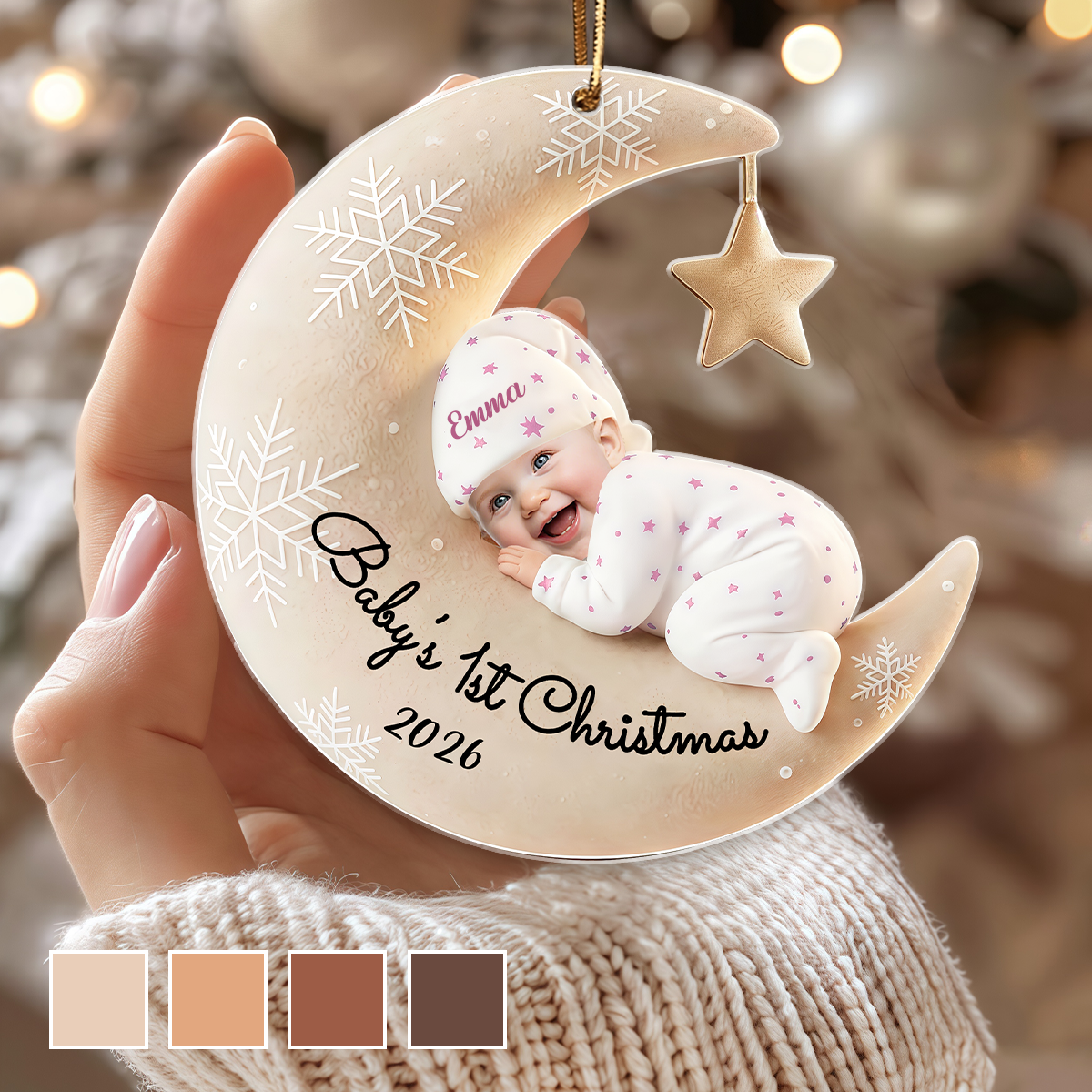 Custom Baby's First Christmas, Moon Acrylic Ornament-Upload Photo