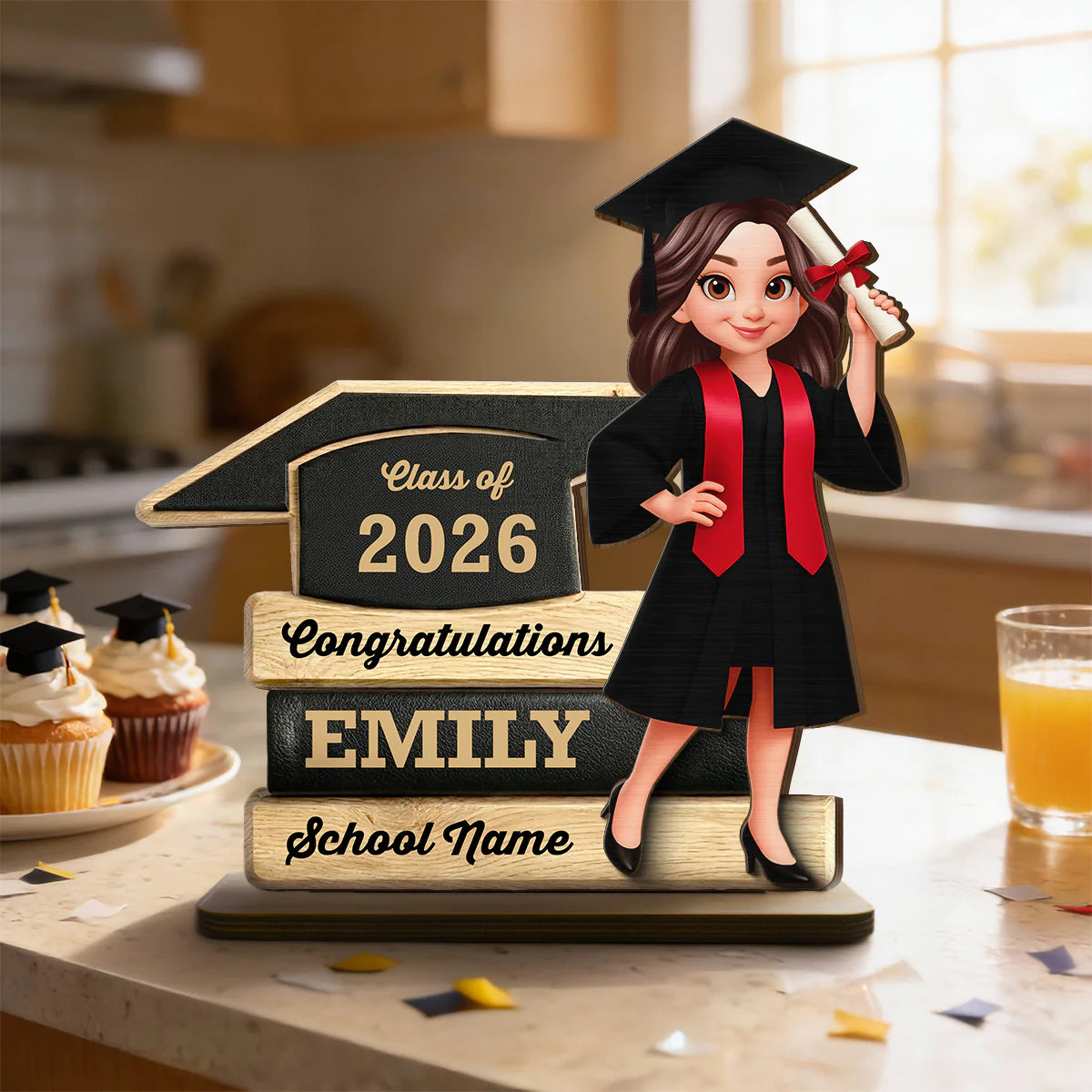 Personalized Graduation Wooden Plaque, Cartoon Grad Holding Diploma, Class Of 2026
