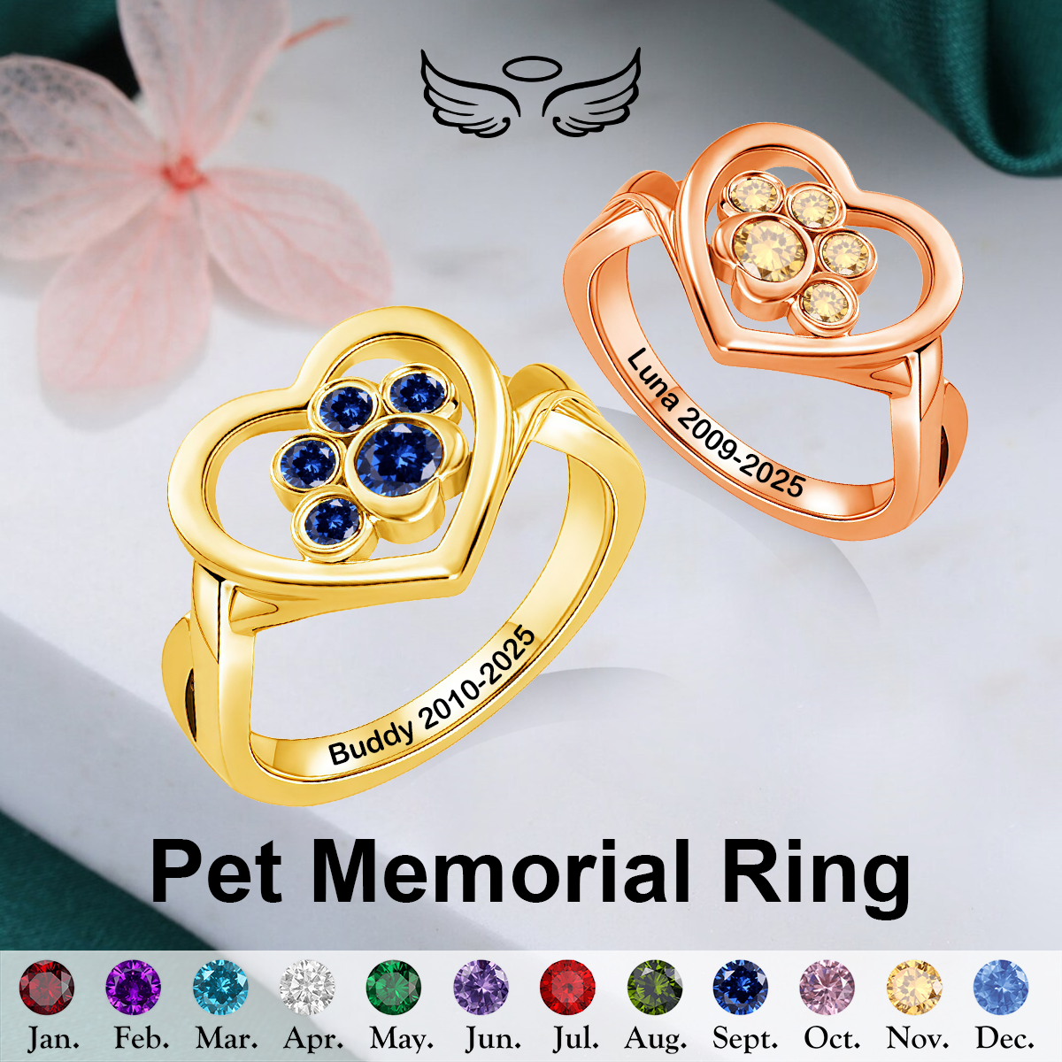 Personalized Pet Paw Birthstone Ring - Pet Memorial Ring