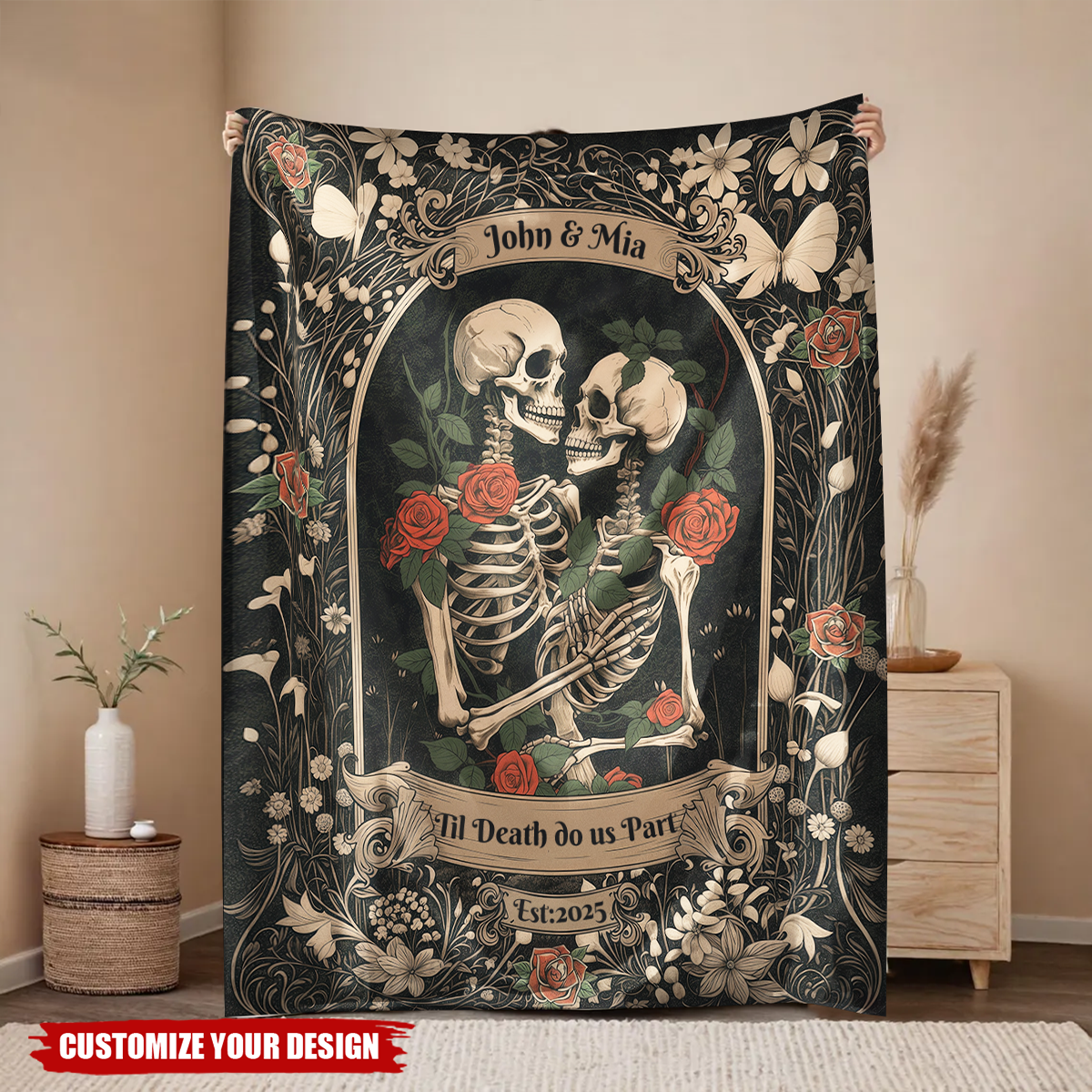 Dark Romantic Skeleton - Personalized Wedding Blanket For Him, Her
