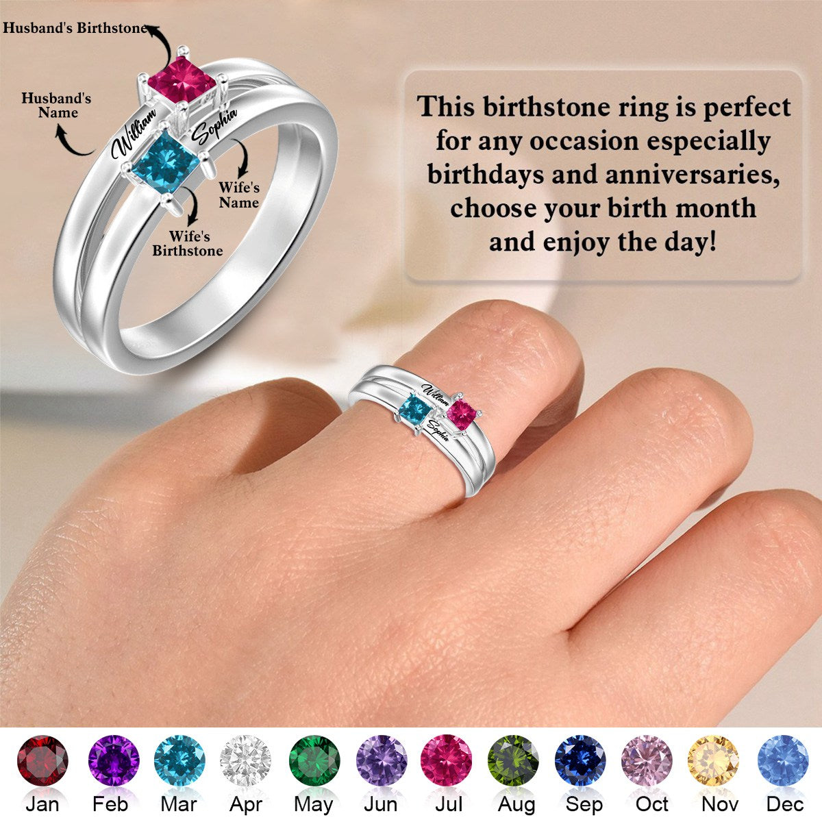 Personalized Name Birthstones Love Promise Ring kissfaith