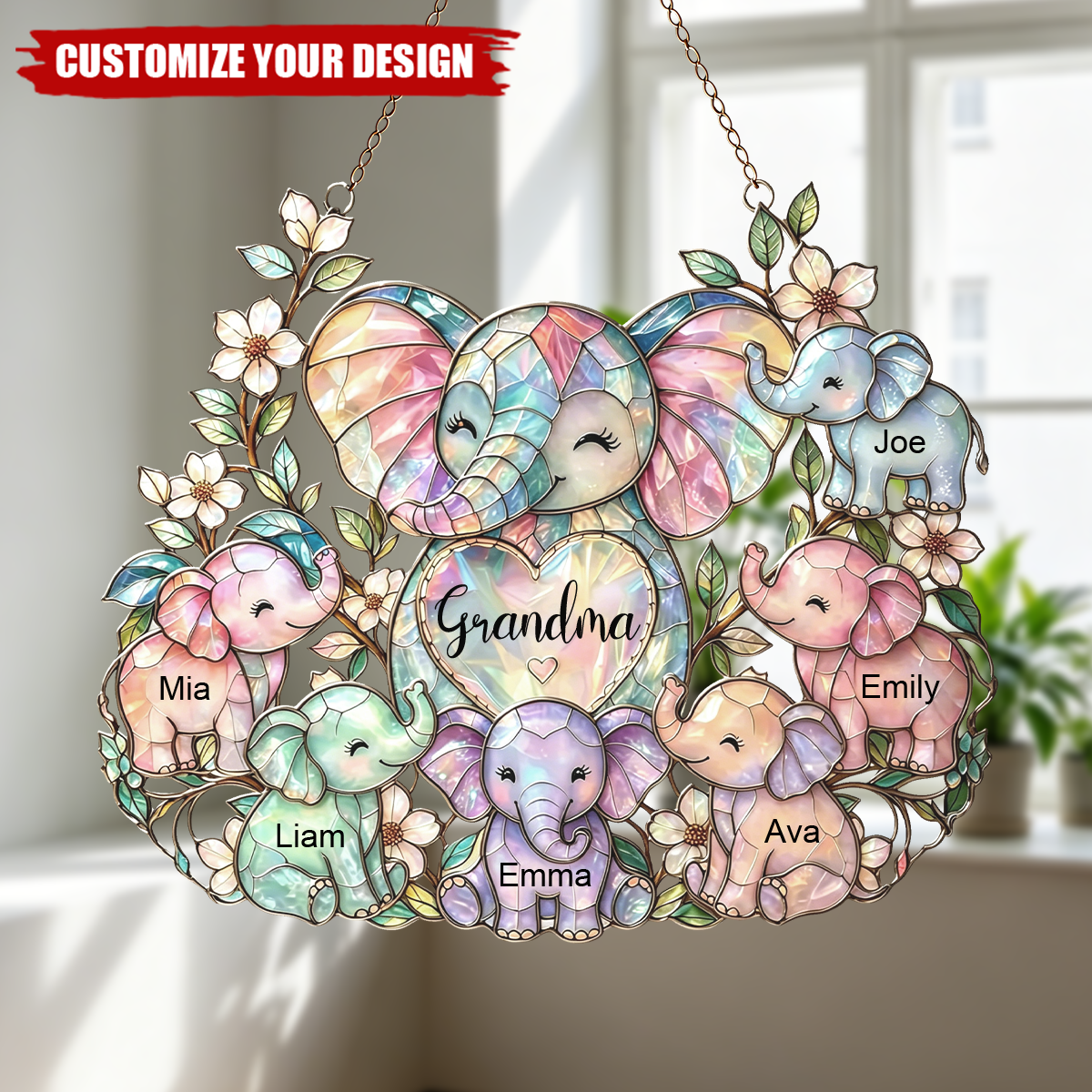 Personalized Elephant Grandma Suncatcher, Custom Names Acrylic Window Hanging