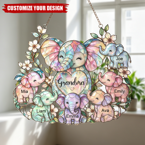Personalized Elephant Grandma Suncatcher, Custom Names Acrylic Window Hanging