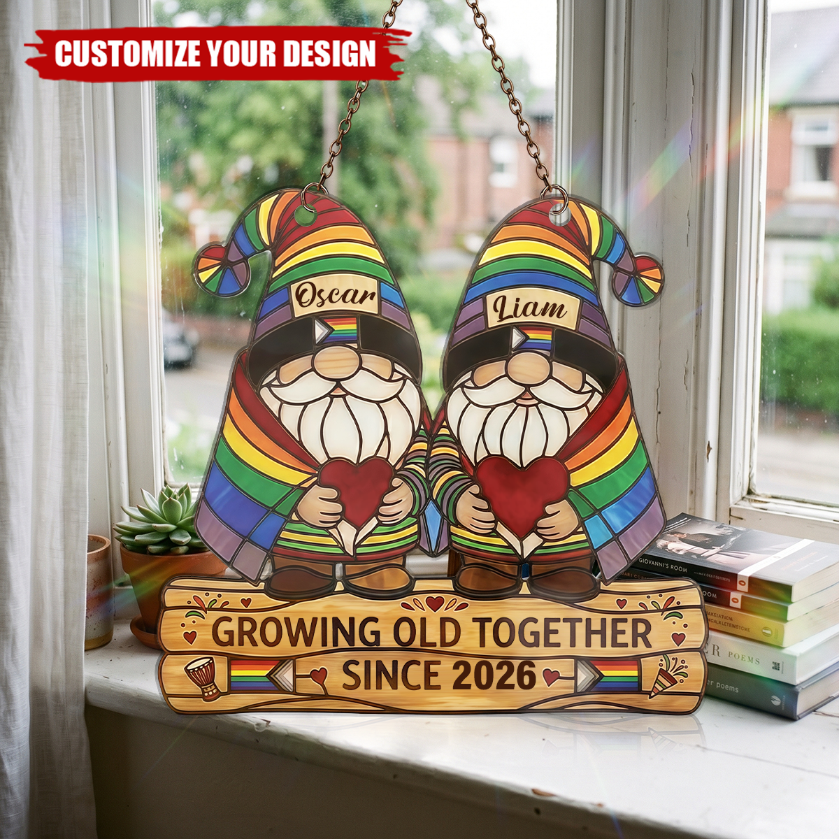 Personalized LGBTQ Couple Window Hanging,  Growing Old Together Gift