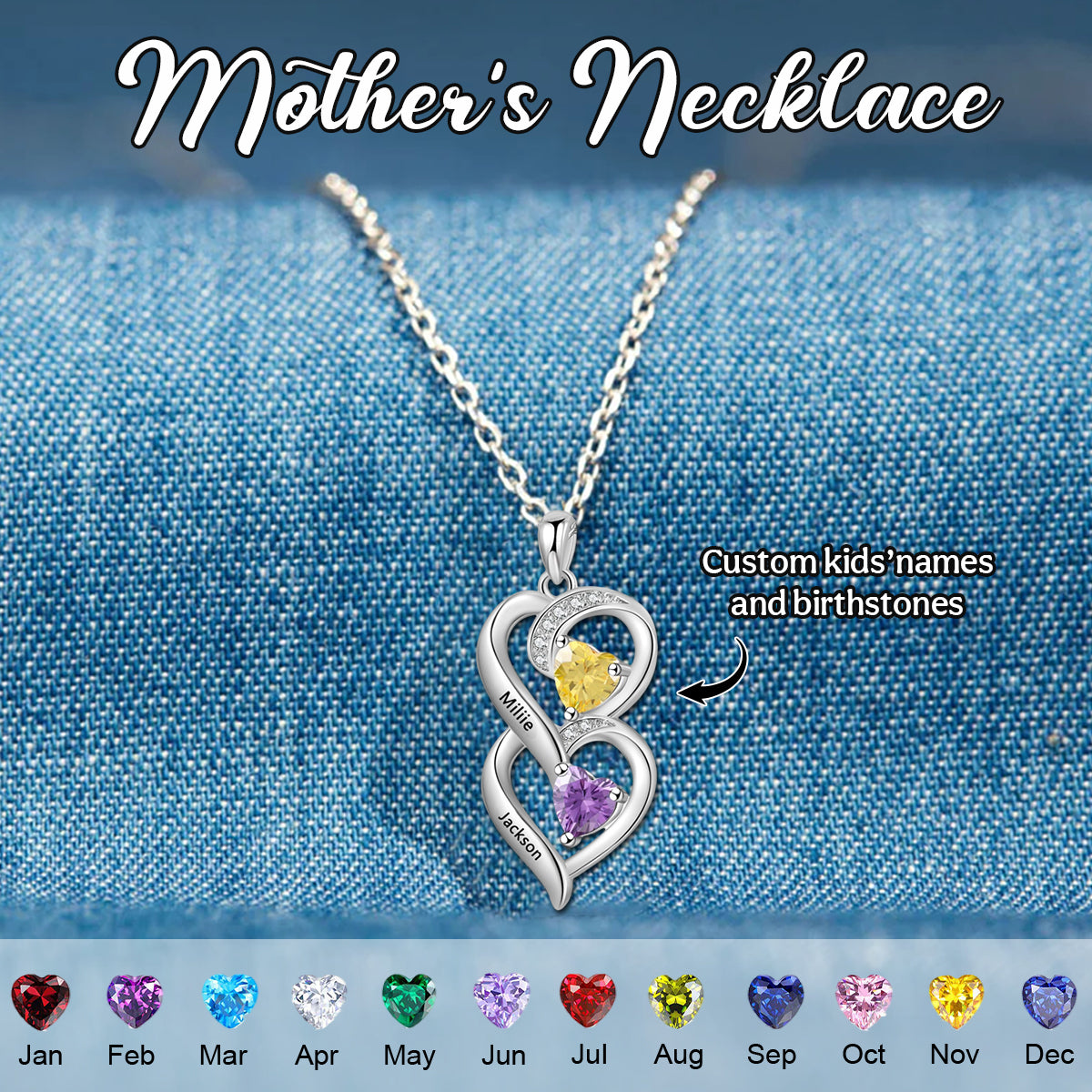 Personalized Heart Name Birthstone Necklace-Gift For Mom Grandma