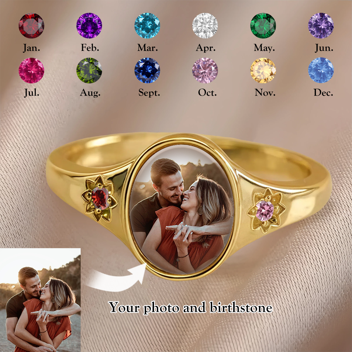 Personalized Custom Oval Photo Ring With 2 Birthstones, Gift for Her