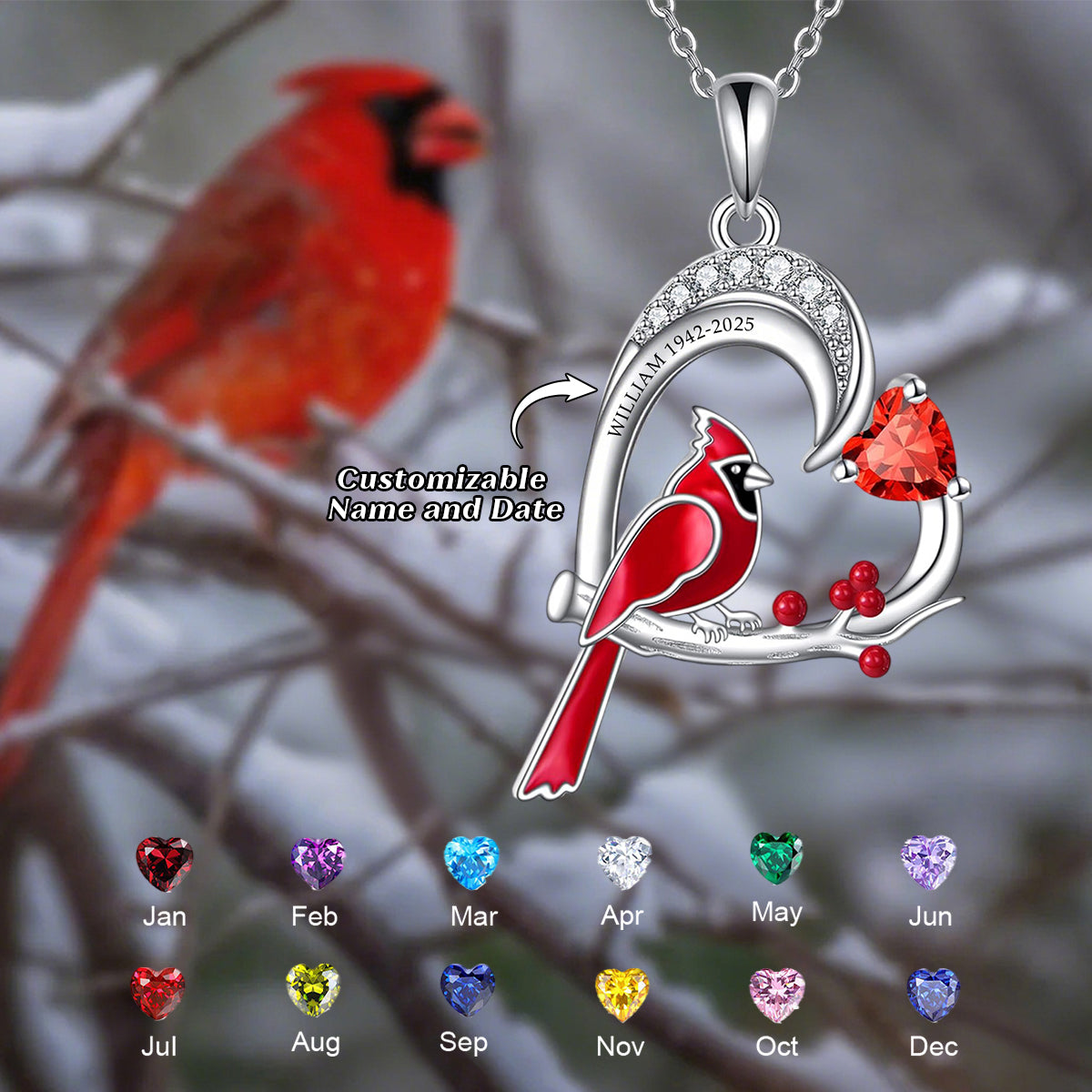Personalized Memorial Cardinal Birthstone Necklace