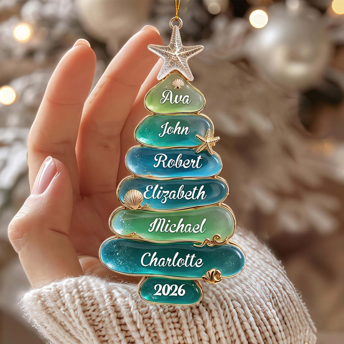 Personalized Sea Glass Tree Ornament, Coastal Family Christmas Keepsake