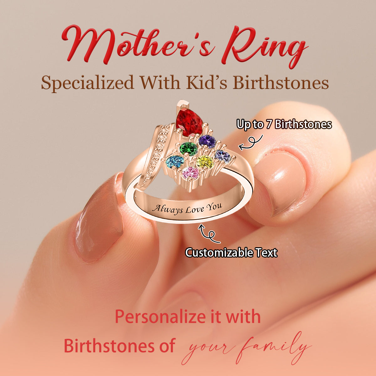 Personalized Birthstone and Loving Text Memorial Ring-Gift for Mom and Grandma