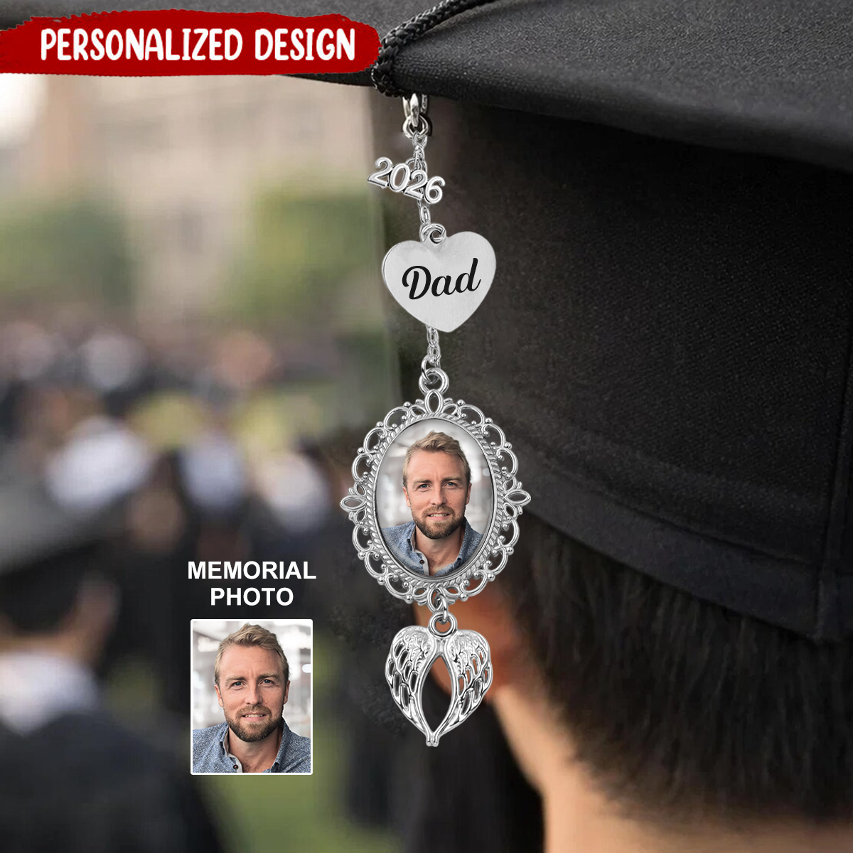 Custom 2026 Graduation Photo Charm For Tassel, Memorial Angel Wings