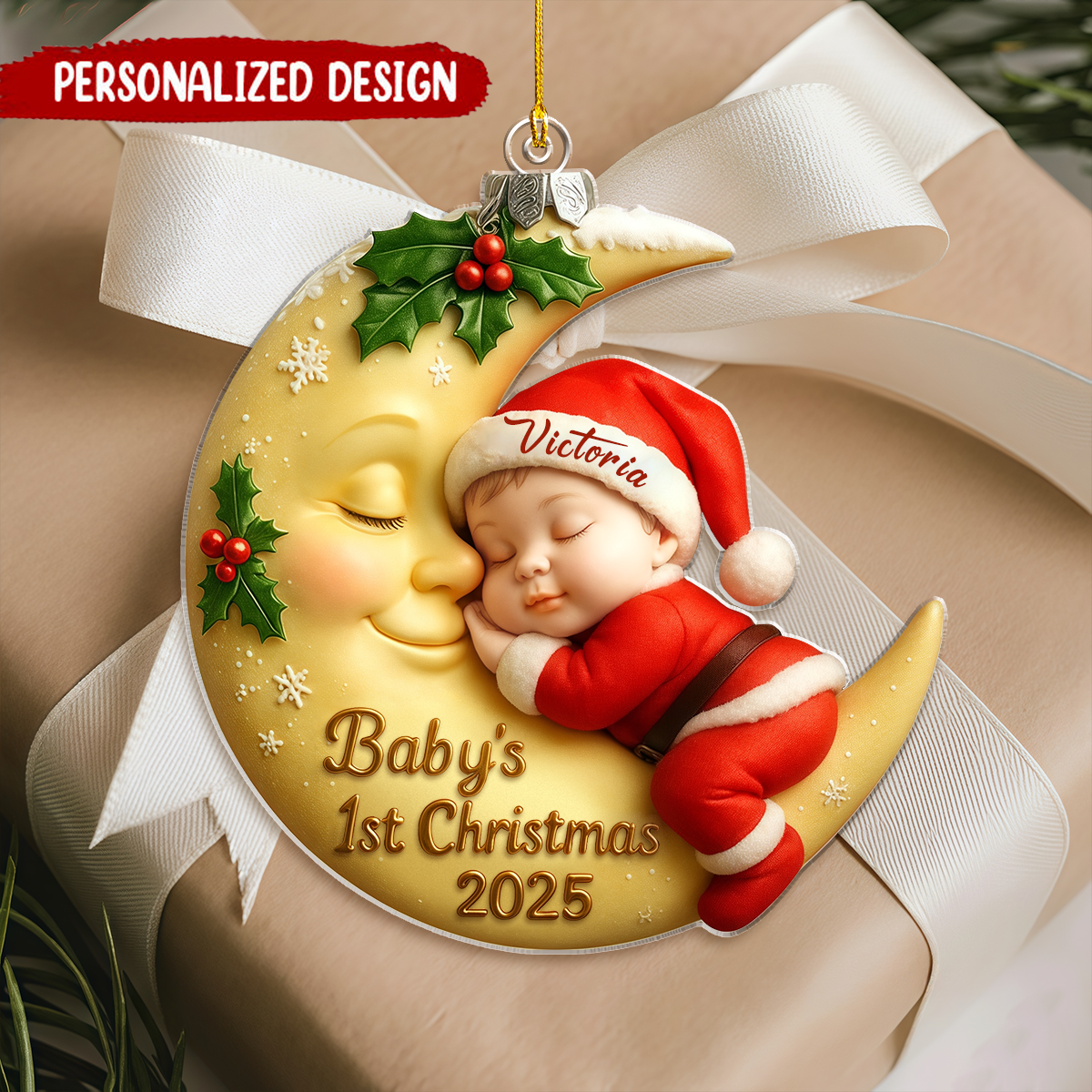 Personalized First Christmas Baby On Moon 3D Effect Acrylic Ornament