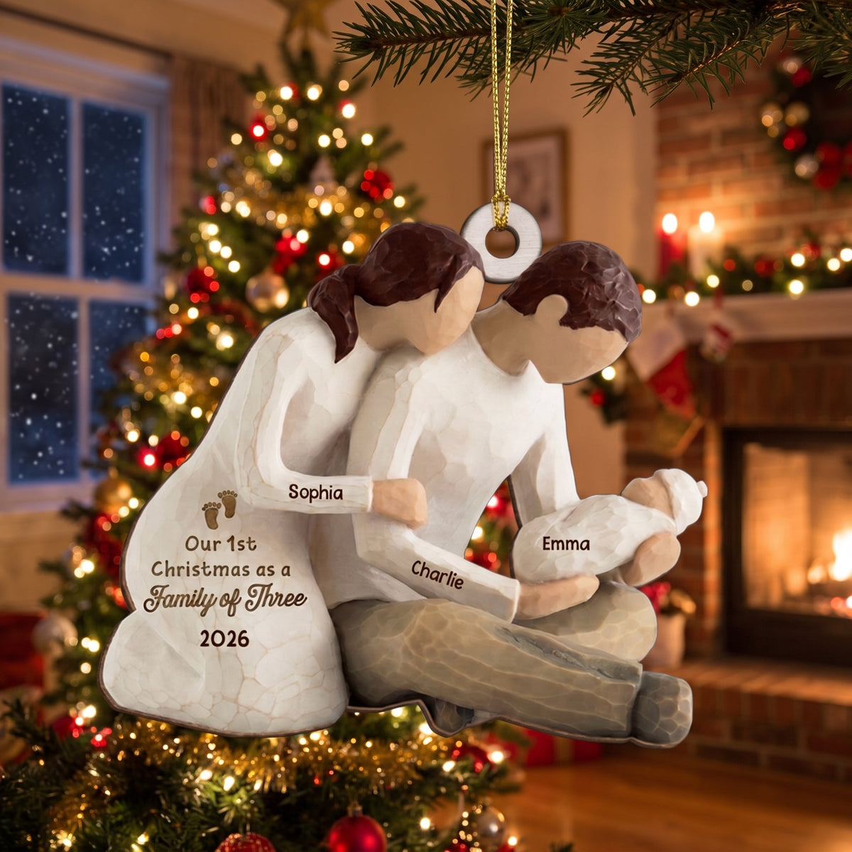 Personalized Family Of Three New Parents Wooden Ornament