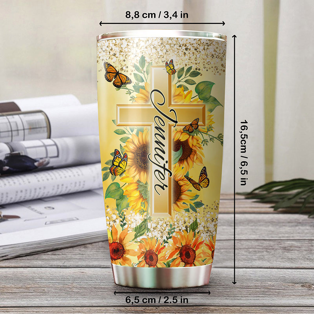 Personalized Sunflower Cross And Butterfly Everyday God Thinks Of You Tumbler