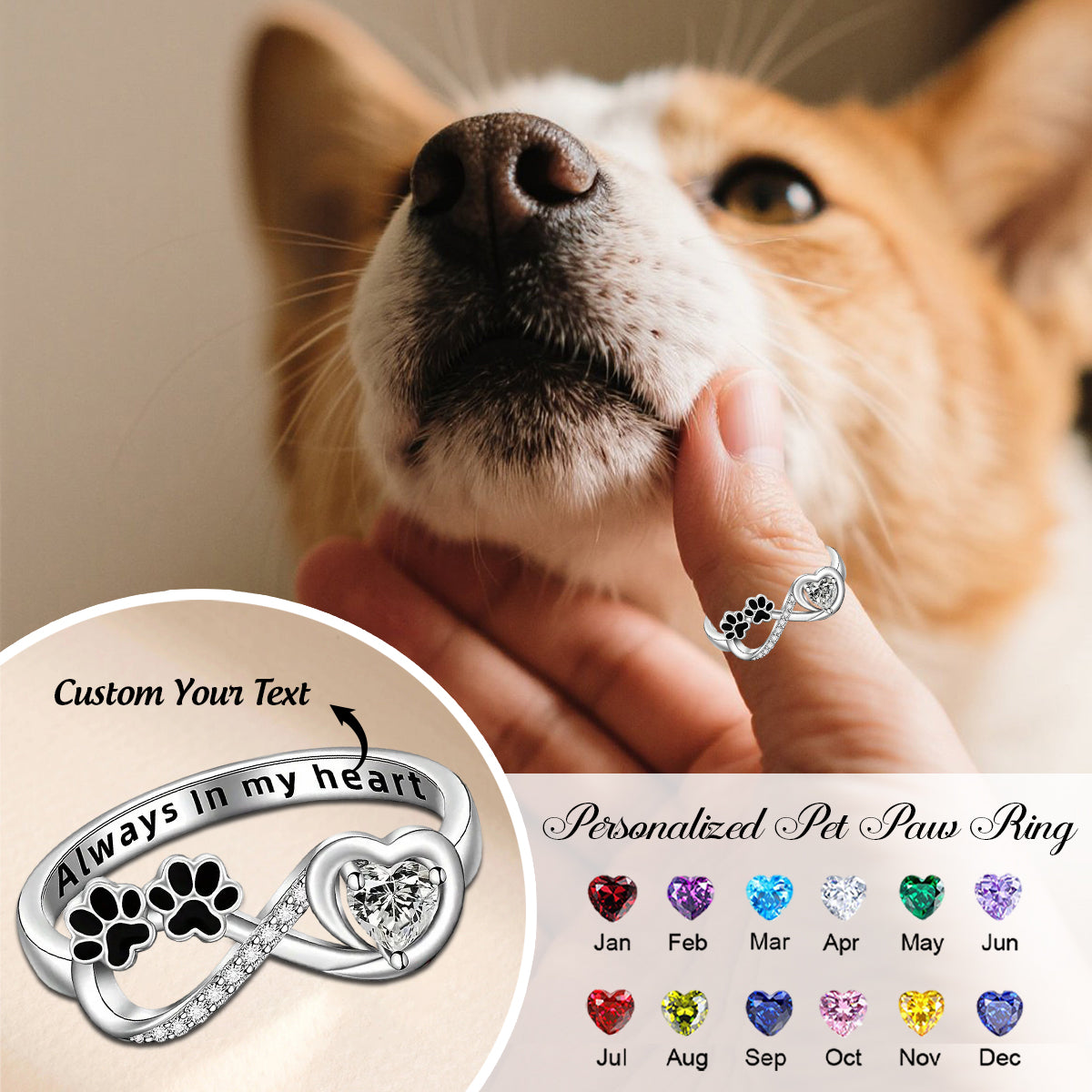 Personalized Memorial Pet Paw Birthstone Ring - Gift For Pet Lovers