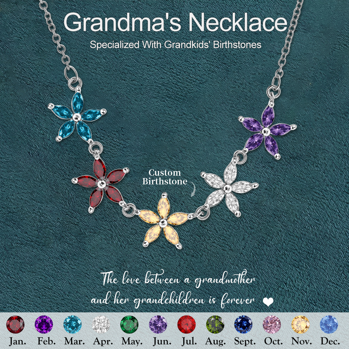 Personalized Birthstone Flower Necklace, Gift For Grandma Mom