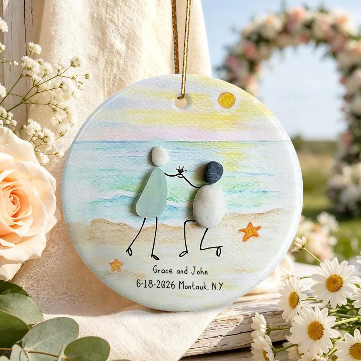 Personalized Sea Glass Pebble Engagement Glass Ornament, Newlyweds Gift