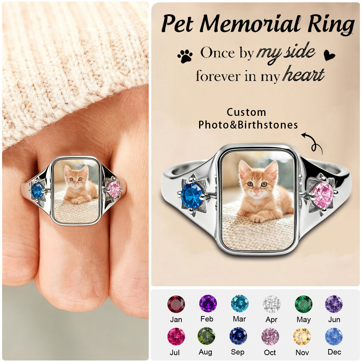 Personalized Pet Photo Birthstone Memorial Ring,Gift For Pet Lovers