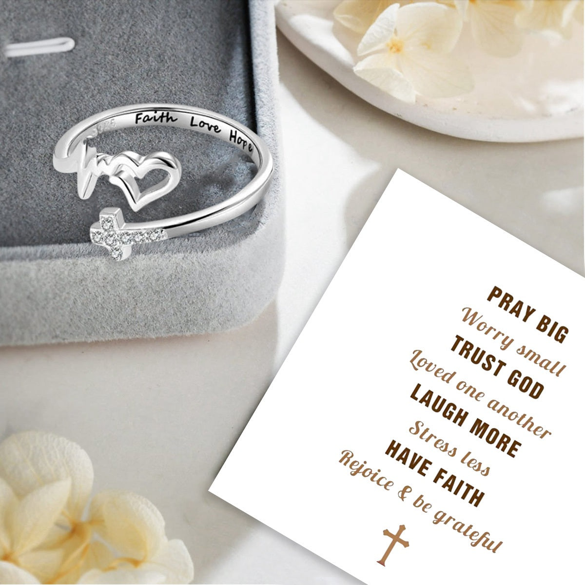 KISSFAITH- Christan Faith Hope Love Sterling Sliver Adjustable Ring