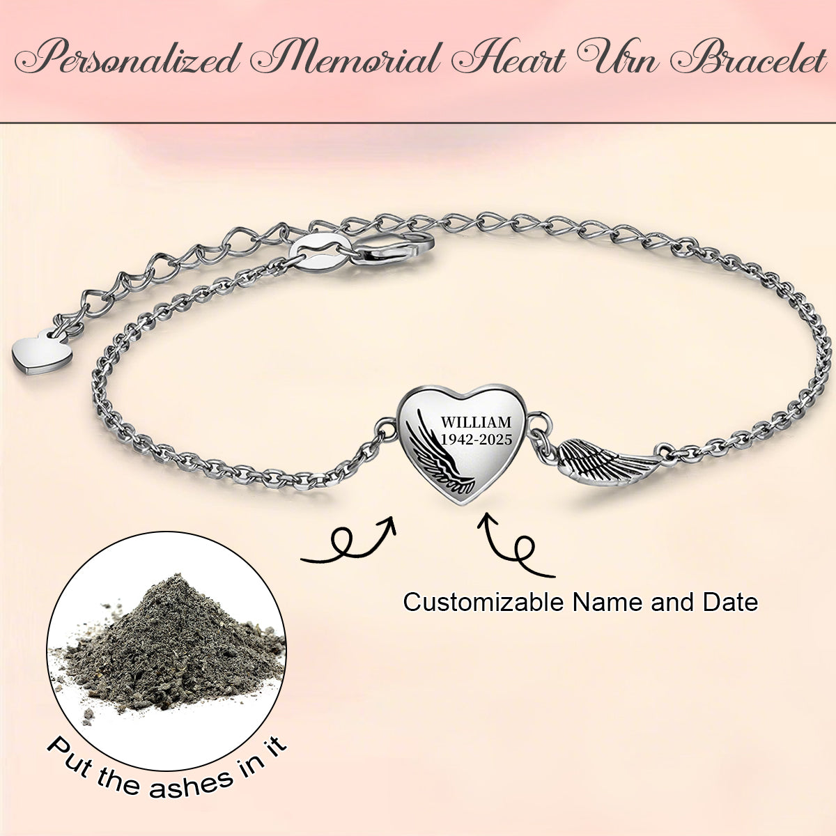 Personalized Name Date Memorial Heart Urn Bracelet-In Loving Memory of Beloved one