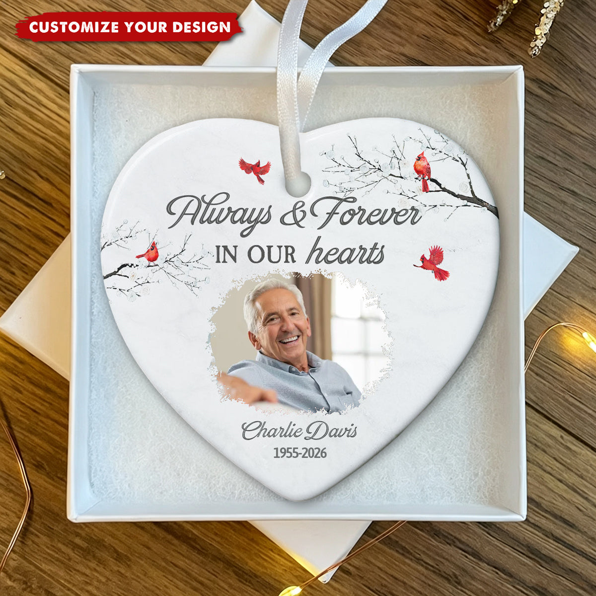 Always & Forever In Our Hearts Christmas Ornament - Personalized Ceramic Photo Ornament