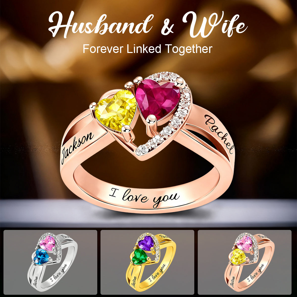 Personalized Birthstone & Name Heart Promise Couple Ring