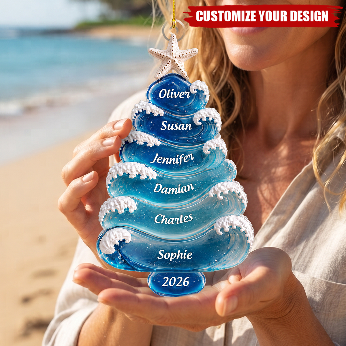 Personalized Ocean Waves Ornament, Custom Sea Glass Tree 2026 Christmas Decor