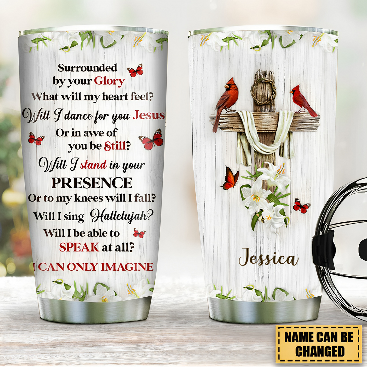 Pretty Personalized Floral Cross Stainless Steel Tumbler