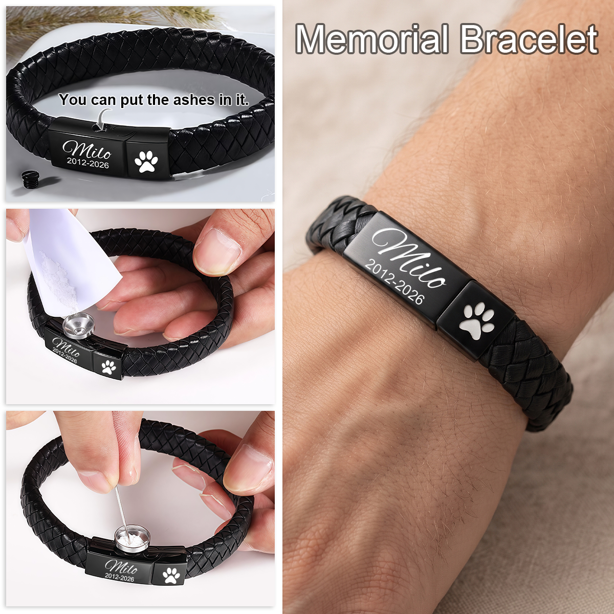 Personalized Cremation Ashes Bracelet, Engraved Memorial Urn Jewelry, Pet Loss Gift