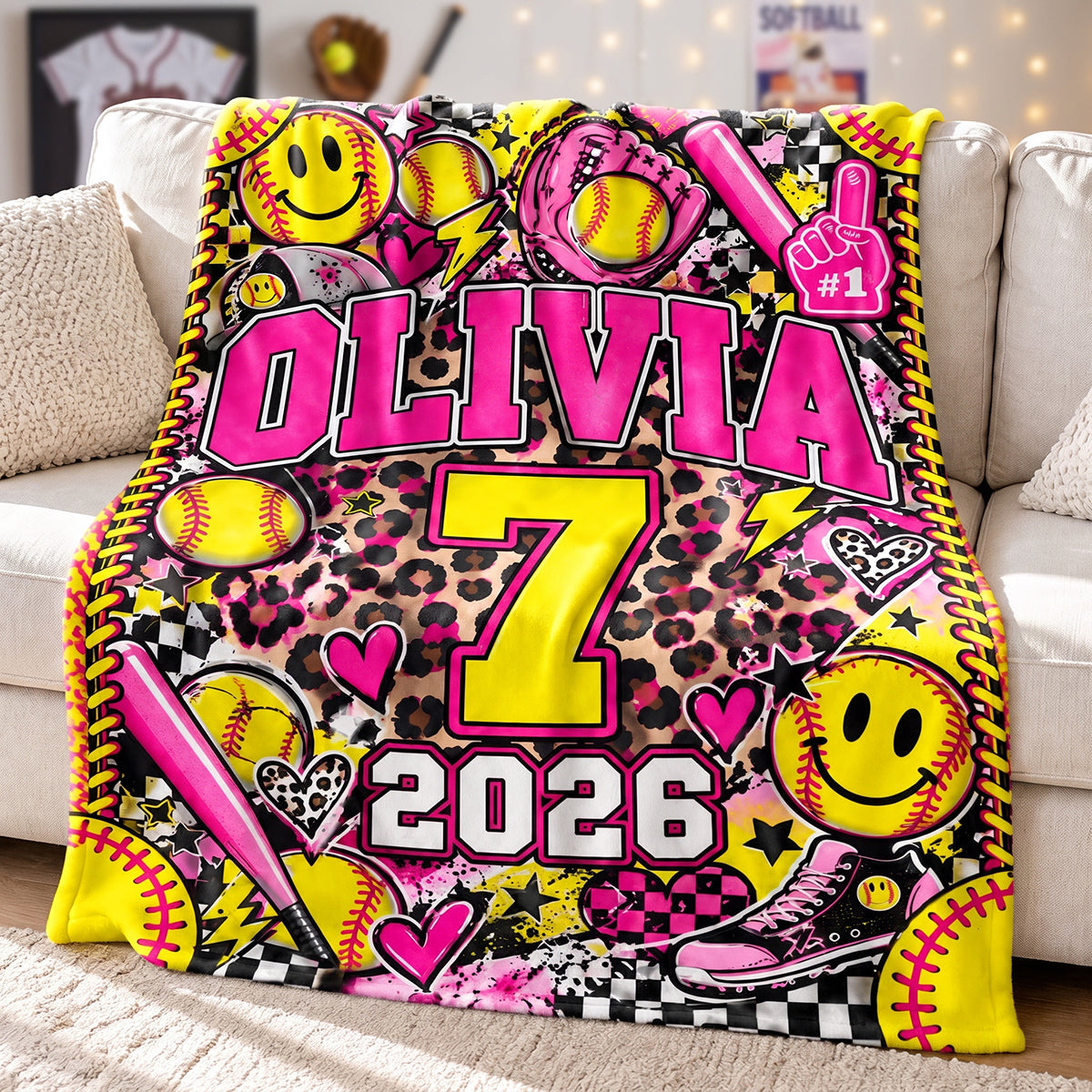 Personalized Softball Girl Blanket, Custom Name & Player Number Gift
