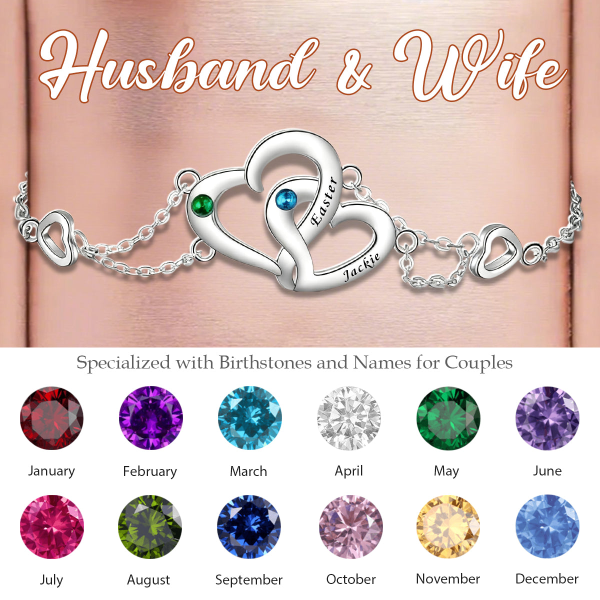 Personalized Two Joined Hearts Engraved Name Birthstone Couple Bracelet