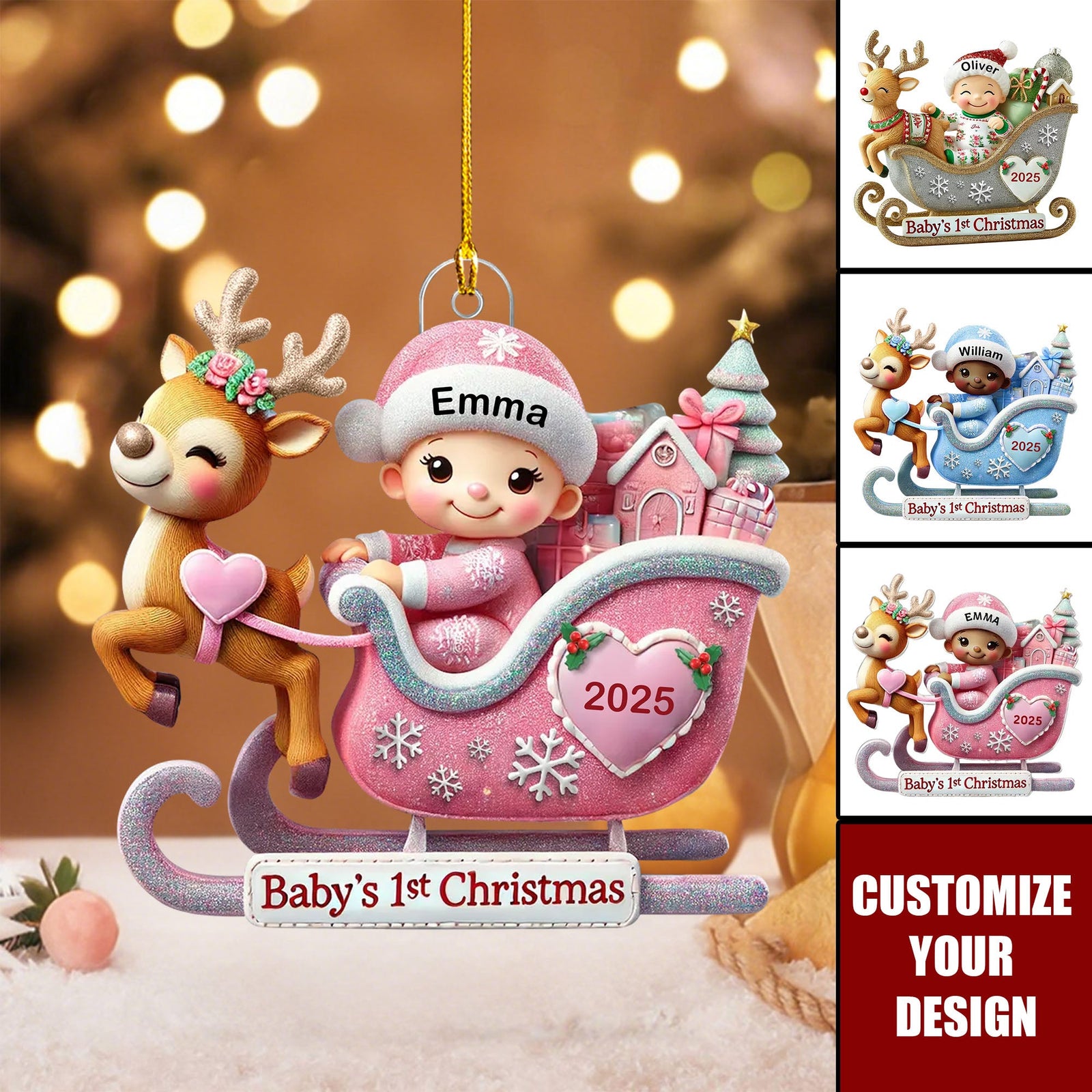 Baby First Christmas Newborn On Sleigh Keepsake Personalized Acrylic Ornament