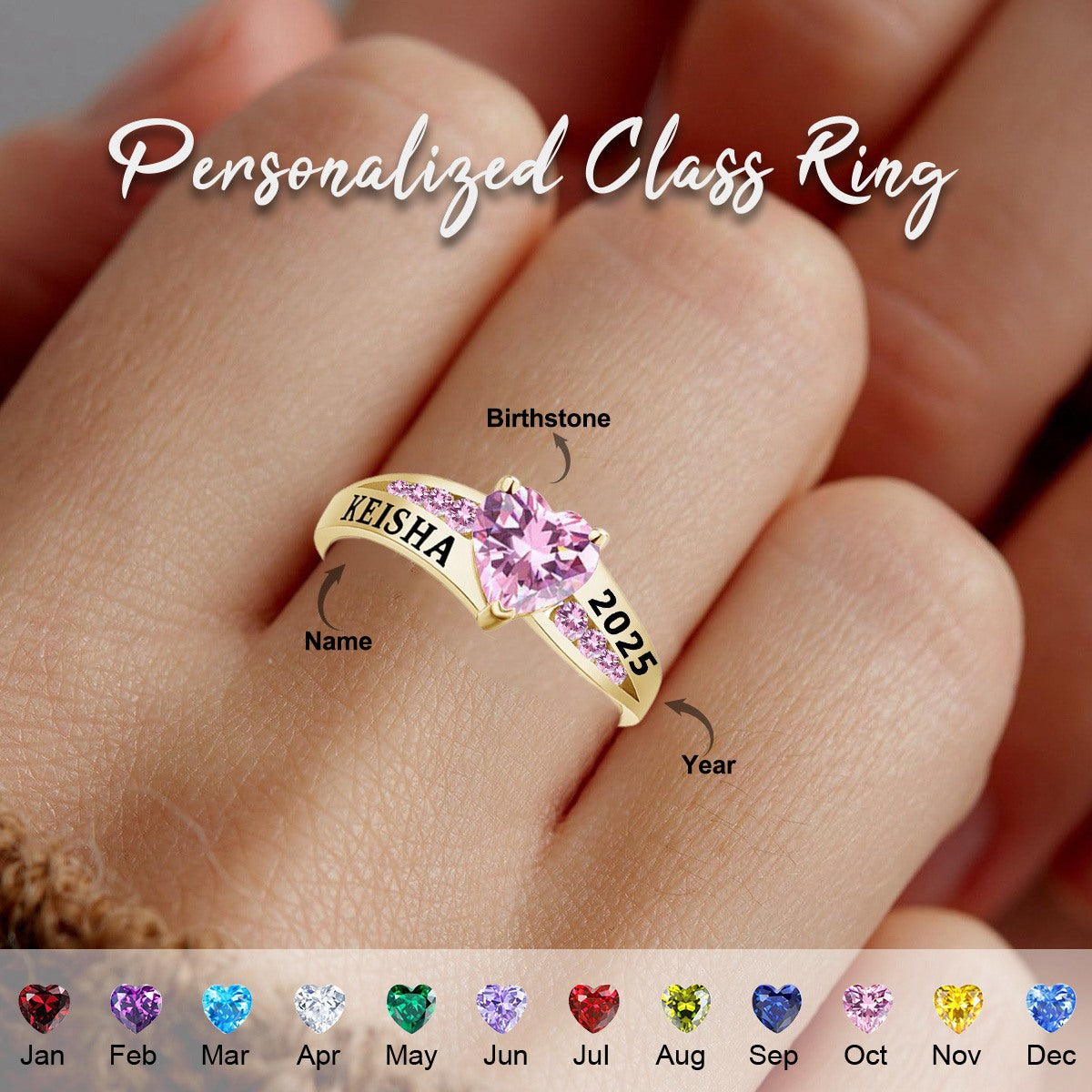 Customized High School College University Heart Birthstone Class Ring
