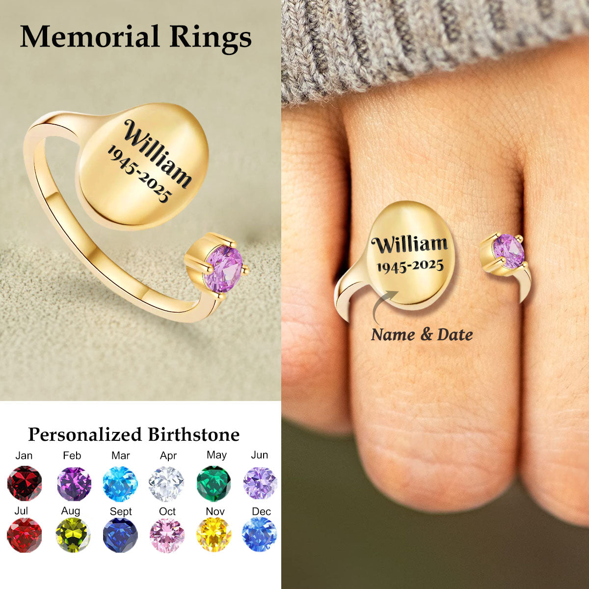 Personalized Custom Memorial Text Birthstone Ring - kissfaith