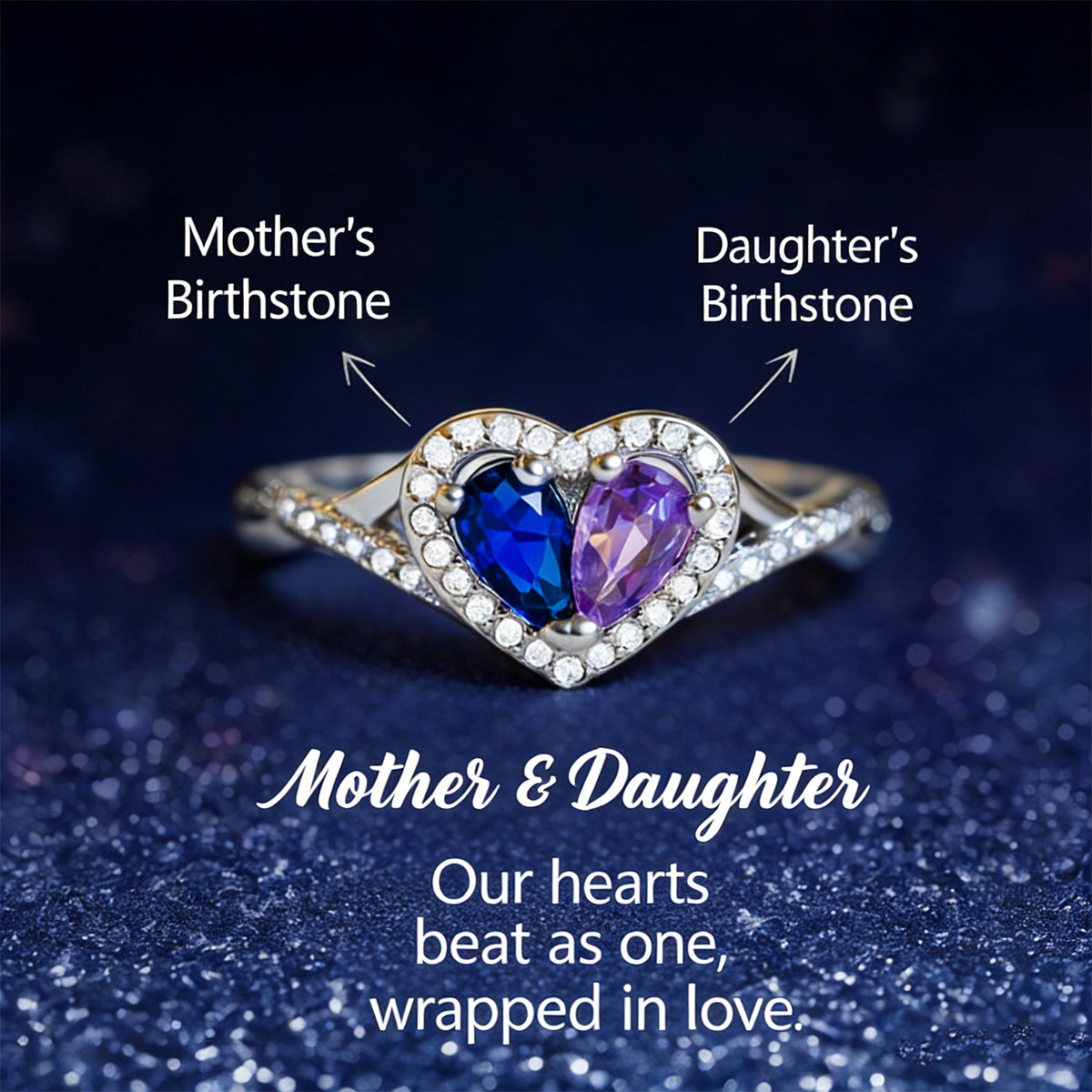 Personalized Mother Daughter Birthstone Heart Ring
