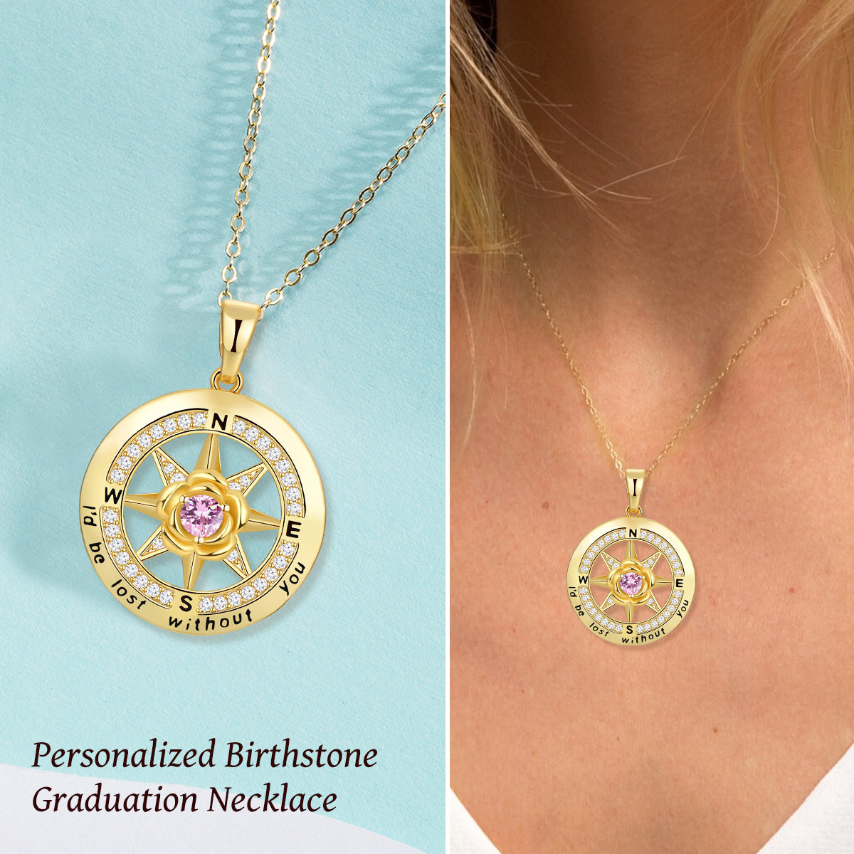 Personalized Compass Birthstone Necklace, Graduation Gift