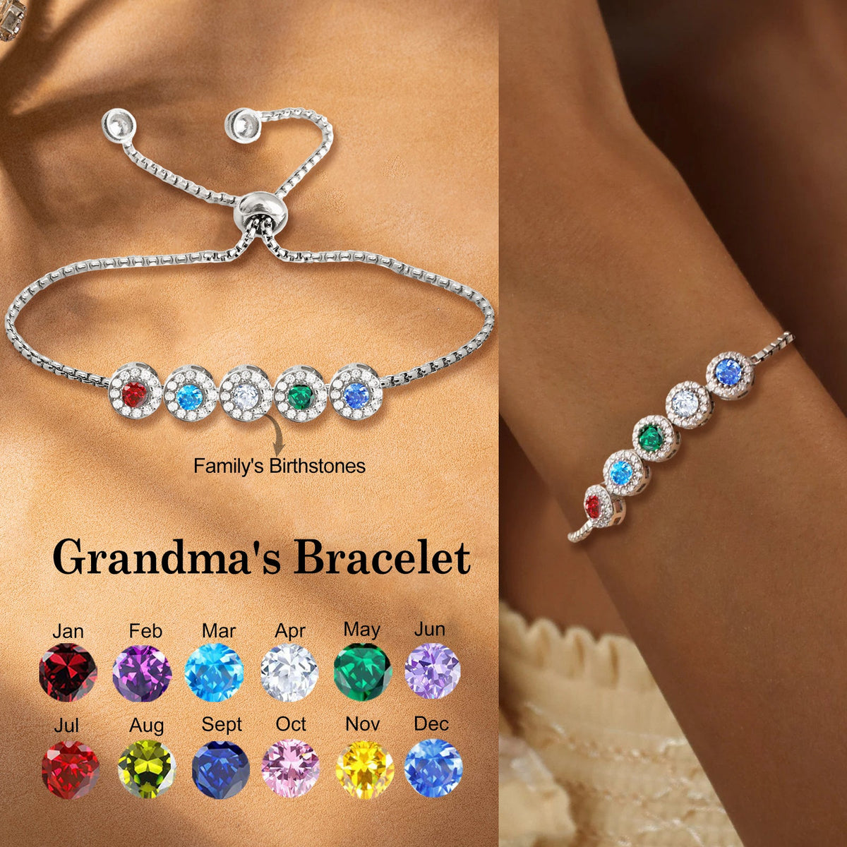 Personalized Family Birthstone Adjustable Bracelet For Mom Grandma