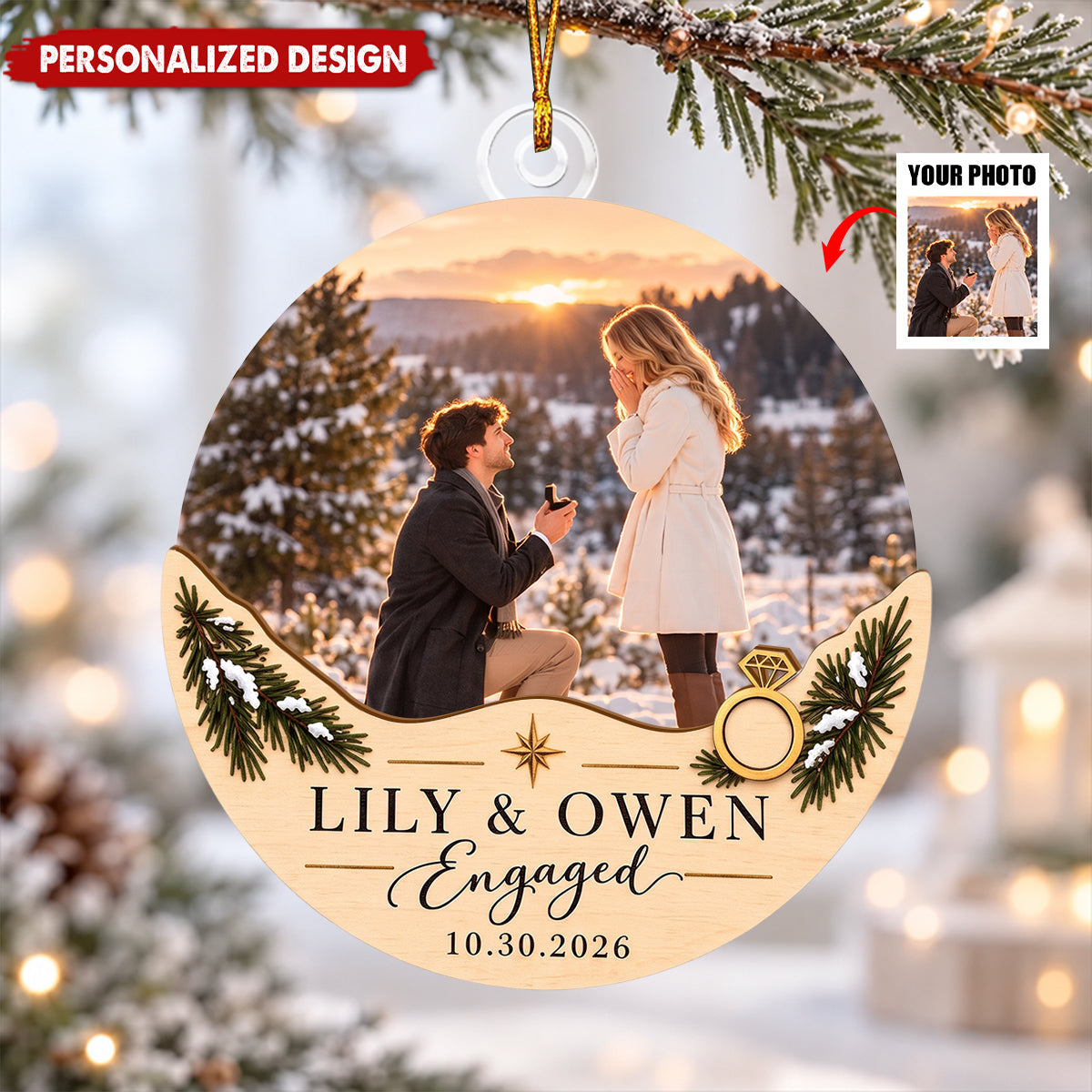 Personalized Engagement Christmas Ornament, Custom Photo Newlywed Keepsake