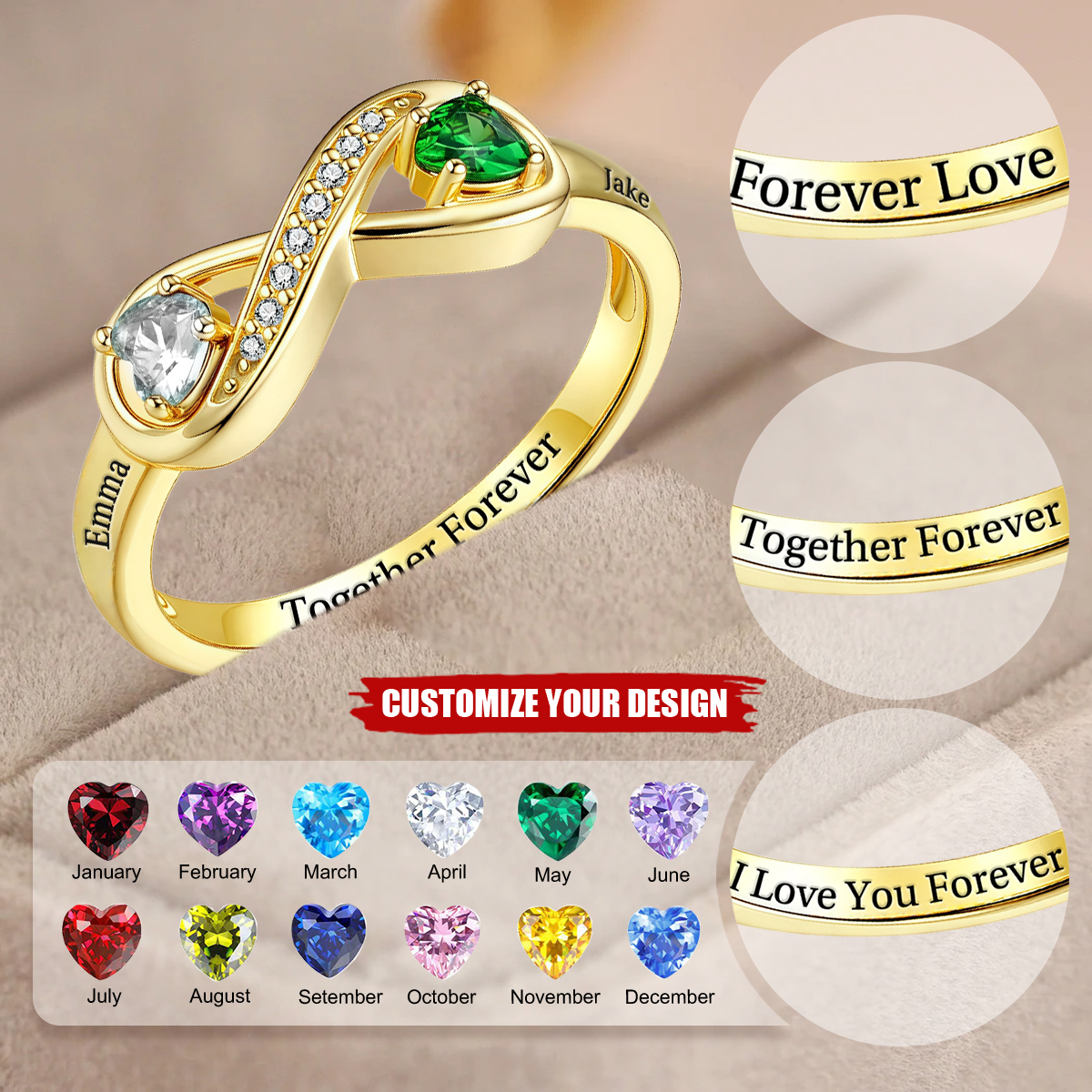 Infinity Double Heart Birthstones Ring with Engraved Names - Personalized Promise Ring