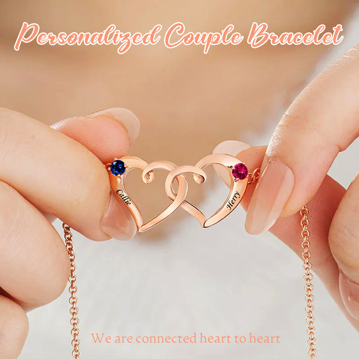 Personalized Heart-Shaped Name Birthstone Couple Bracelet