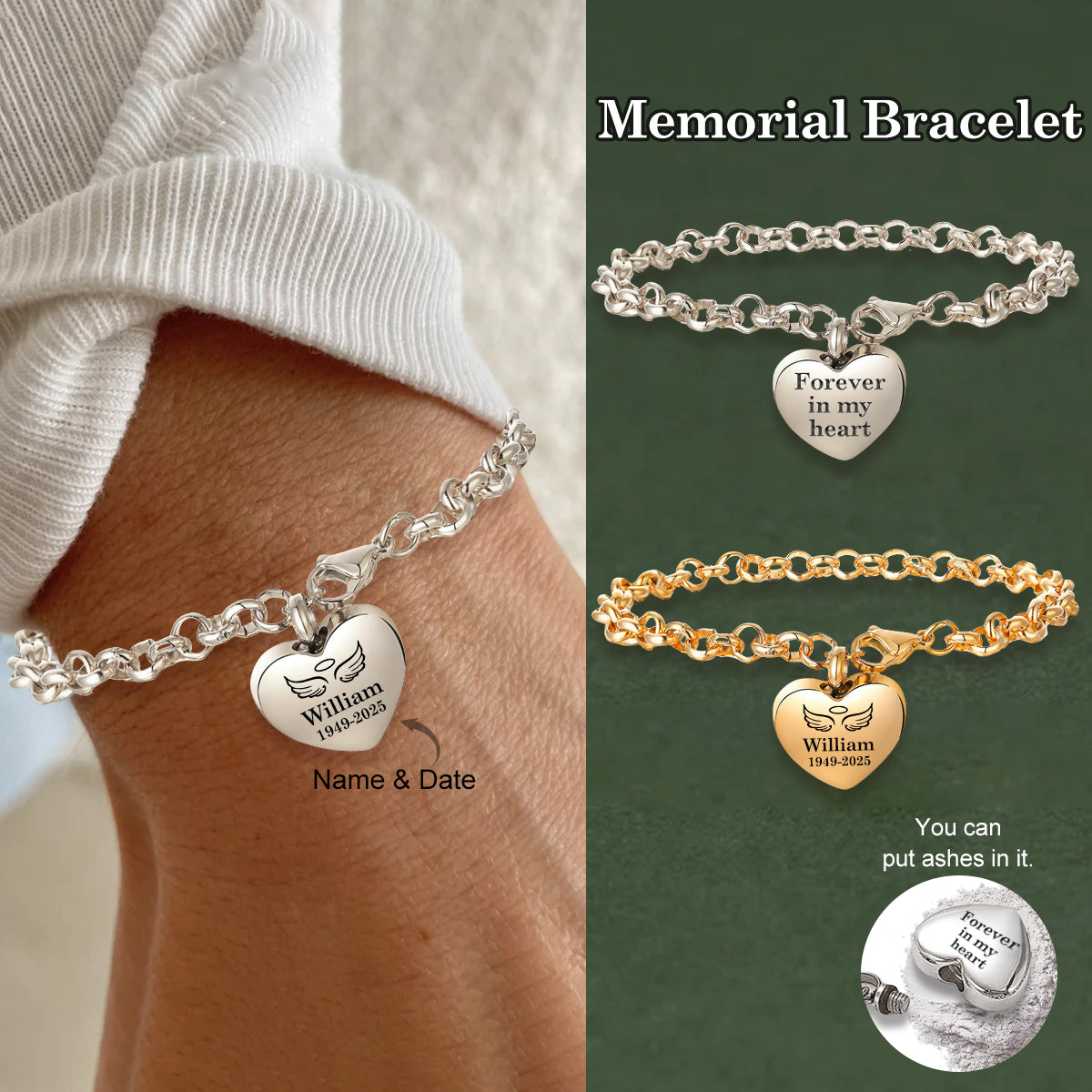 Personalized Stainless Steel Memorial Heart Urn Bracelet