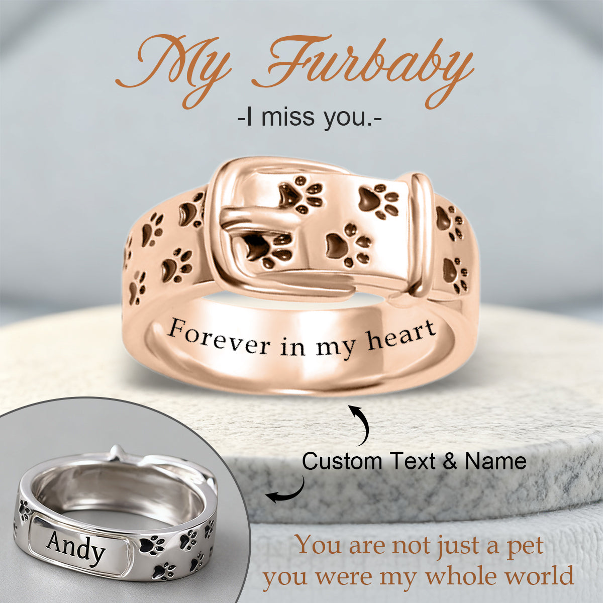 Personalized Engraved Pet Paw Print Collar Memorial Ring