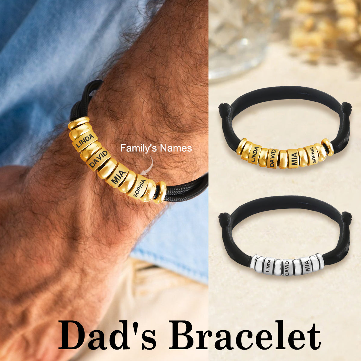Personalized Men's Adjustable Cord Bracelet with Engraved Name Beads