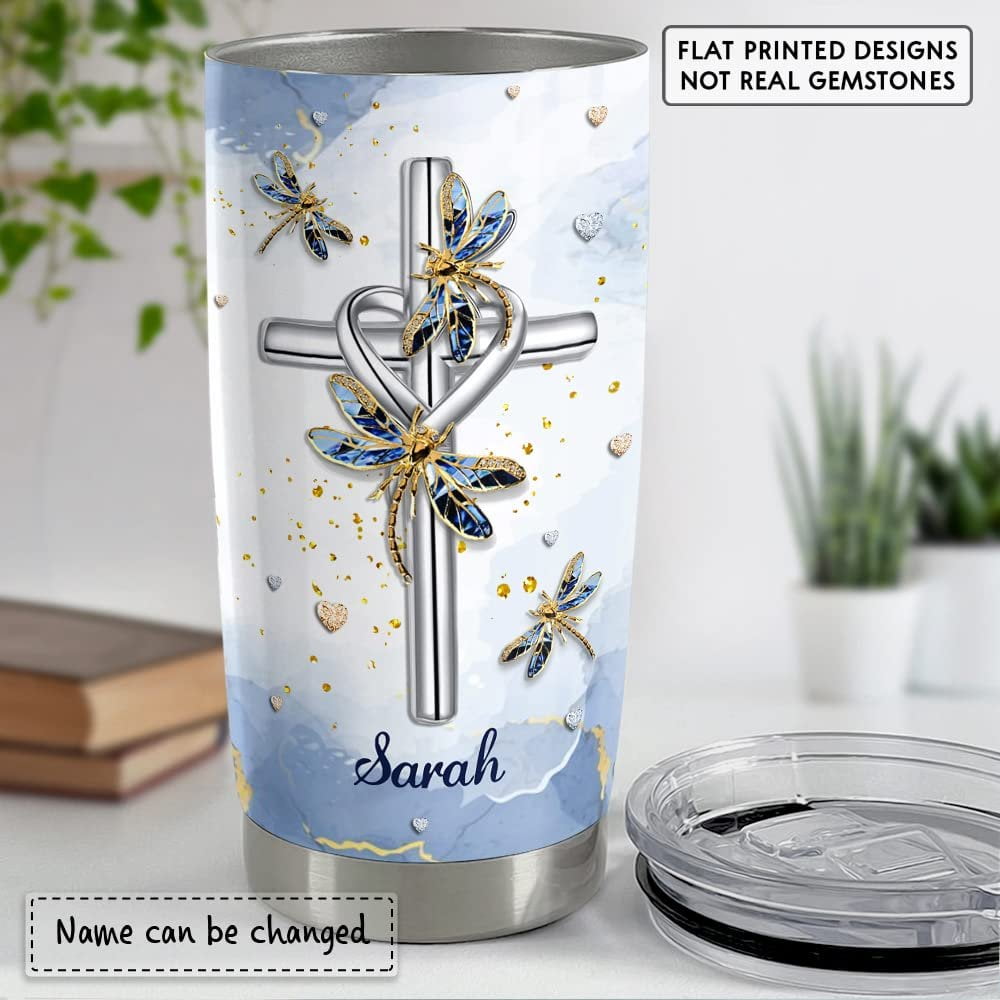 Personalized Cross And Dragonfly Tumbler - Surrounded By Your Glory