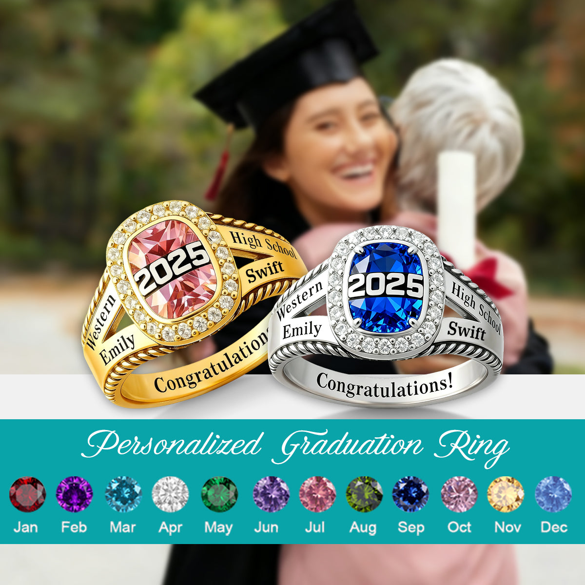 Personalized Birthstone Engraved Graduation Ring, Graduation Gift