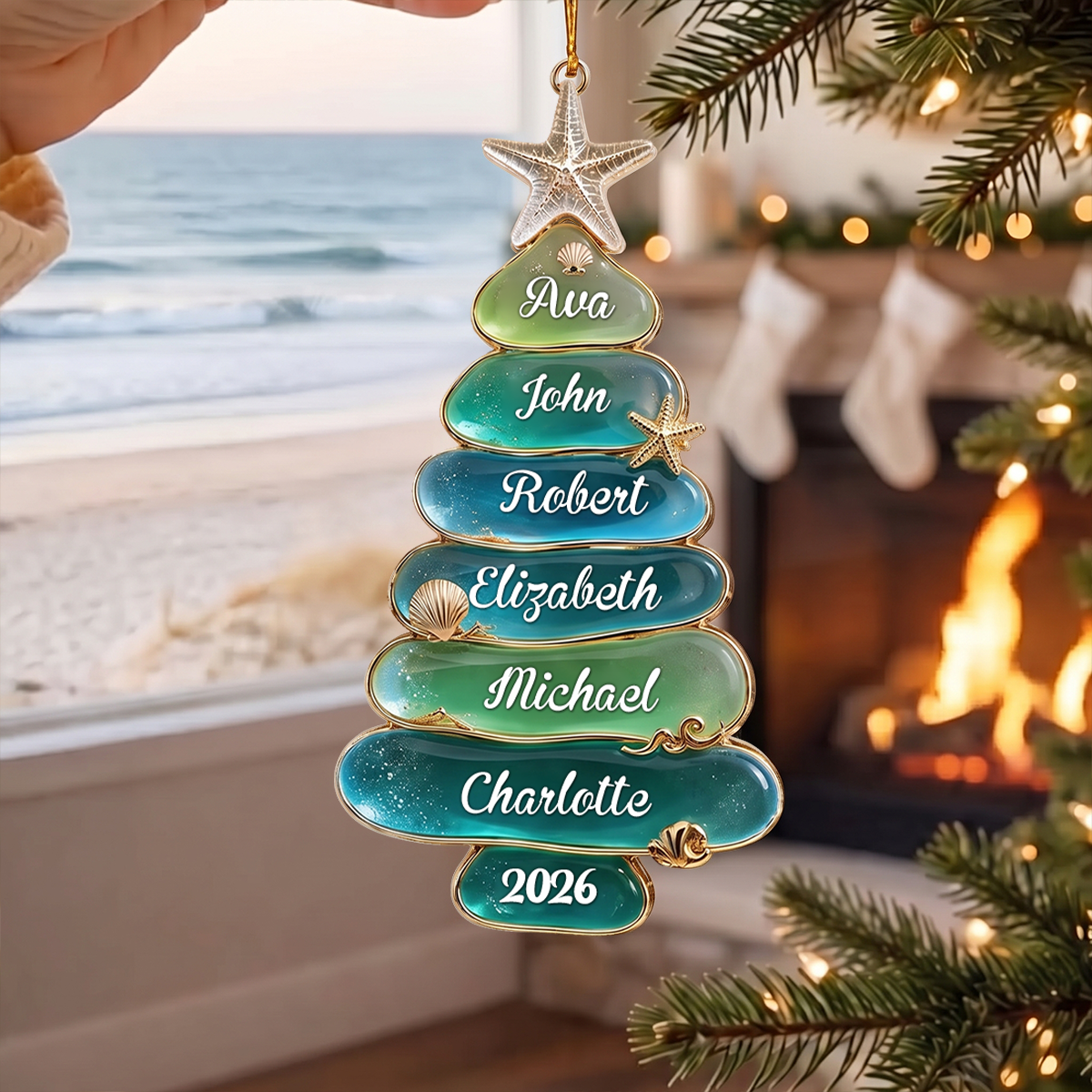 Personalized Sea Glass Tree Ornament, Coastal Family Christmas Keepsake