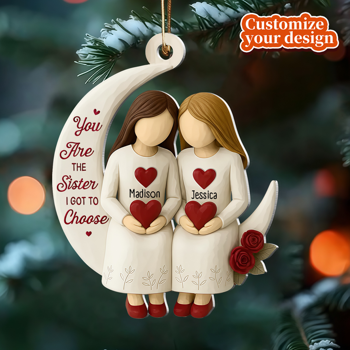 Personalized Besties On Moon 3D Effect Roses Christmas Ornament