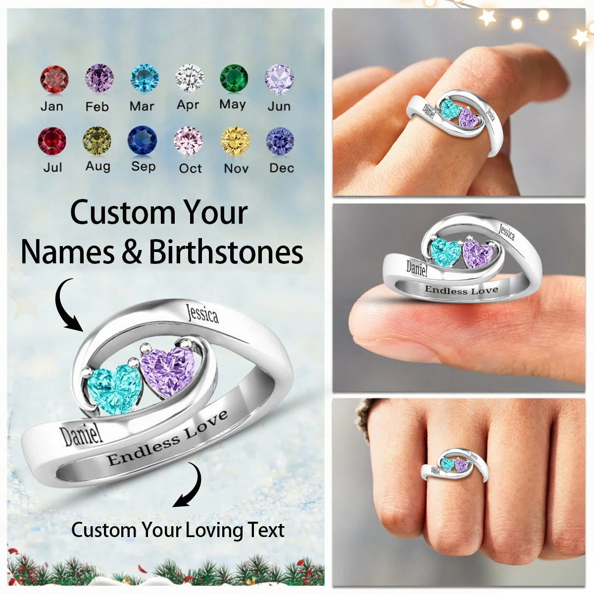 Personalized Couple Birthstone Name Ring