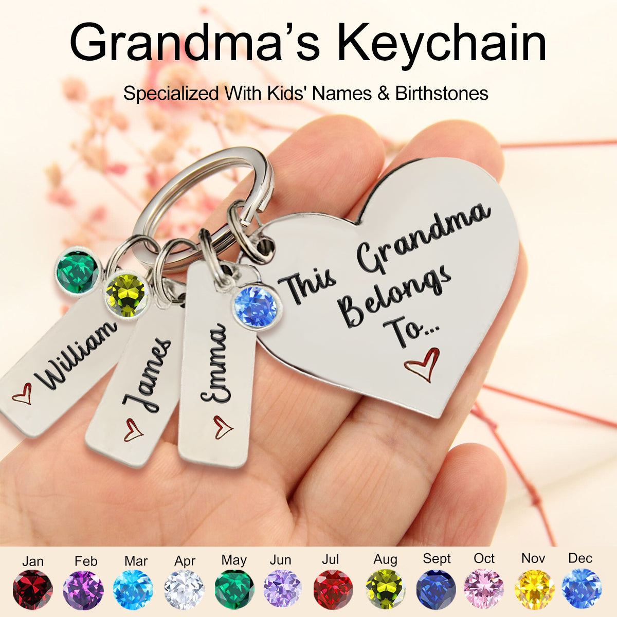 Personalized Engraved Birthstone Keychain, Gift for Mom Grandma