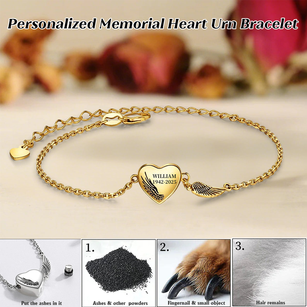 Personalized Name Date Memorial Heart Urn Bracelet-In Loving Memory of Beloved one
