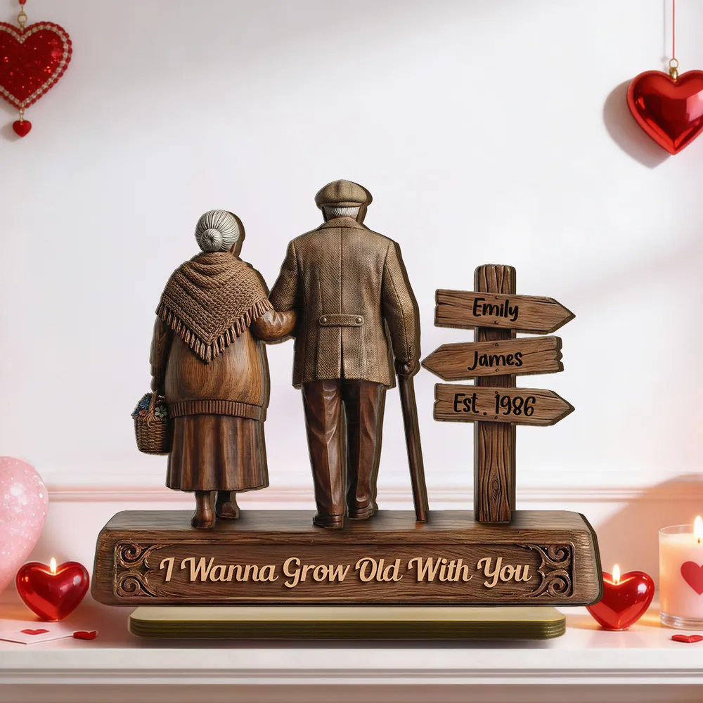 Old Couple Walking Side By Side Sign Post - Personalized Wooden Plaque